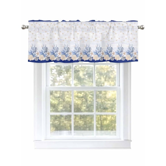 Blue Coastal Shell Curtain Valances for Windows, Nautical Starfish Seahorse Conch Kitchen Valance Window Treatment, Light Filtering Block Curtains for Bathroom/Bedroom/Living Room 42'' x 12''