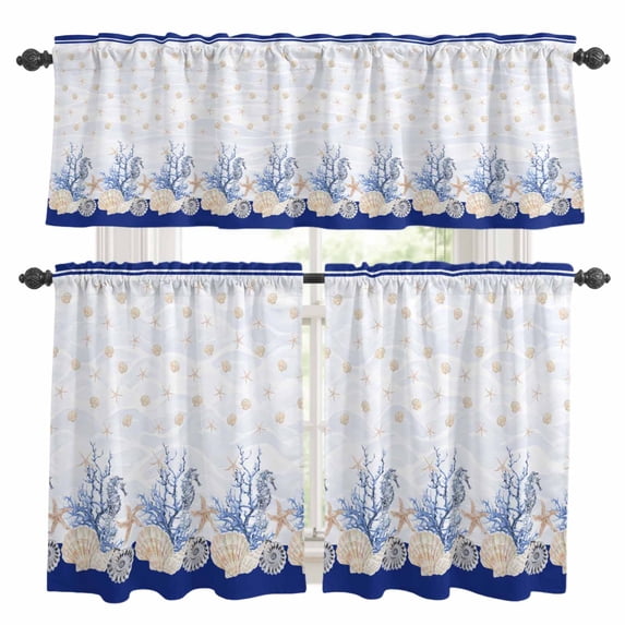 Blue Coastal Shell Kitchen Curtains Sets for Windows 24 Inch Length, Nautical Starfish Seahorse Conch Rod Pocket Window Treatments Tier Curtains and Valances Set for Bedroom/Bathroom