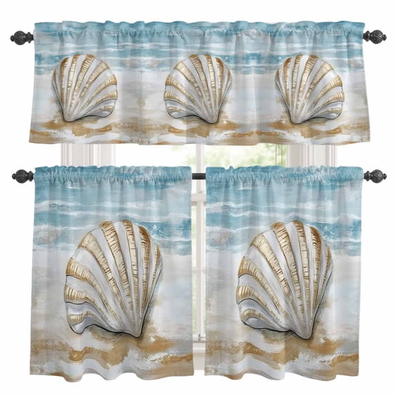 Blue Coastal Shell Kitchen Curtains Sets for Windows 36 Inch Length, Beach Summer Seaside Nautical Rod Pocket Window Treatments Tier Curtains and Valances Set for Bedroom/Bathroom