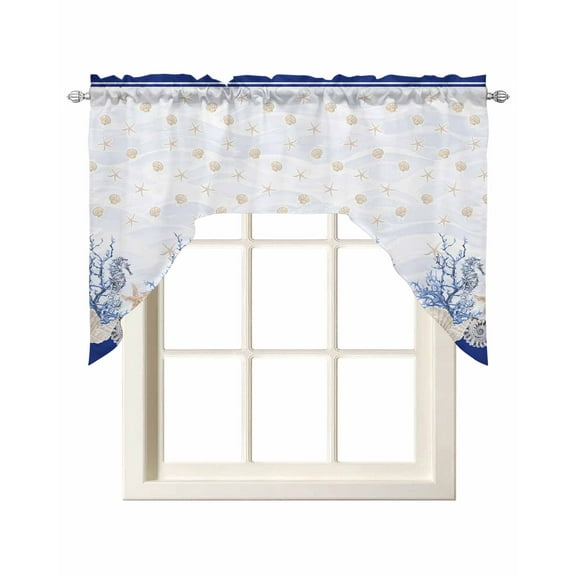 Blue Coastal Shell Kitchen Curtains Swag Valance for Windows/Bathroom/Cafe, Nautical Starfish Seahorse Conch Rod Pocket Drape Panel Swag Curtain Valance for Bedroom/Living Room 55''x36''