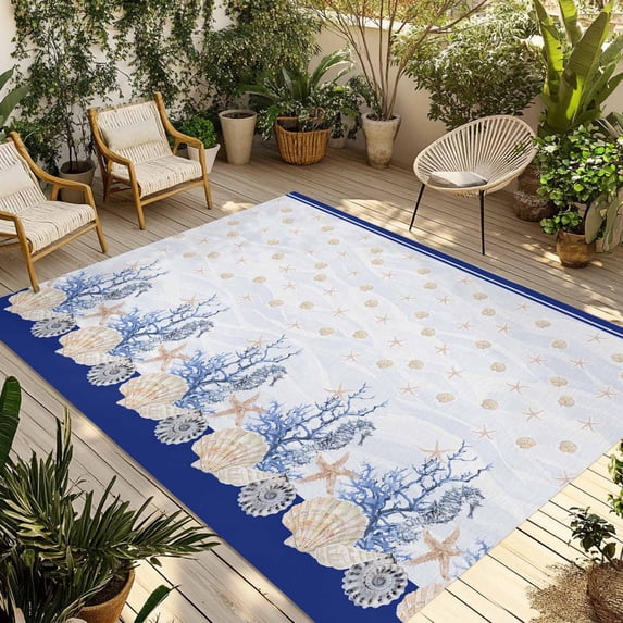 Blue Coastal Shell Outdoor Rug 5x7 Ft - Reversible Patio Rug Outdoor Camping Rugs, Nautical Starfish Seahorse Conch Washable Indoor Outdoor Area Rugs, Non-Slip Outdoor Carpet Runner for Deck/Porch