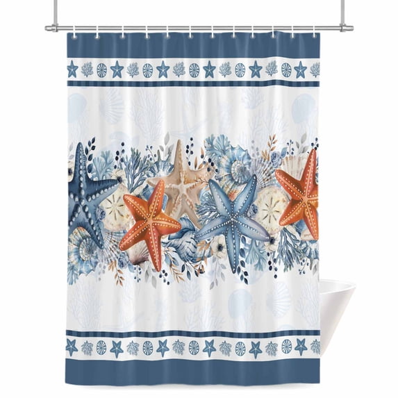 Blue Coastal Shower Curtain, 72" x 84", Orange Starfish Coral Summer Beach Nautical Waterproof Bathroom Curtain Washable Shower Curtain Set with 12 Hooks