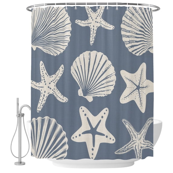 Blue Coastal Shower Curtain for Bathroom, Starfish Shell Ocean Nautical Waterproof Cloth Fabric Bathroom Accessories Set with 9 Rust Proof Plastic Hooks, 36"x72"