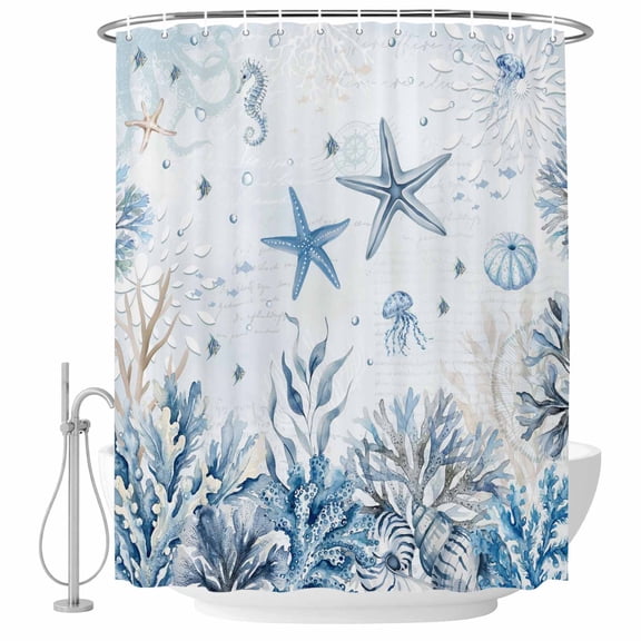 Blue Coastal Shower Curtain Set - 72" x 78" Washable Bathtub Curtain with 12 Hooks, Summer Watercolor Starfish Shells Corals Waterproof Fabric Stall Shower Curtains for Bathroom/Bathtub Décor