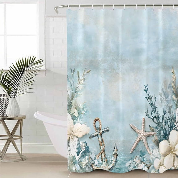 Blue Coastal Shower Curtain Set, Waterproof Shower Curtains for Bathroom, Beach Nautical Anchor Starfish Botanical Washable Fabric Cloth Bath Curtain for Bathtub Decoration with Hooks 72x78 Inches