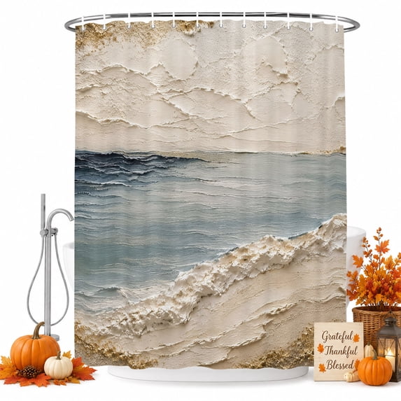 Blue Coastal Shower Curtain, Waterproof Shower Curtains for Bathroom, Abstract Brown Beach Vintage Modern Art Washable Fabric Bathtub Curtain Set Bath Decor with 12 Hooks Extra Long 72"x96"