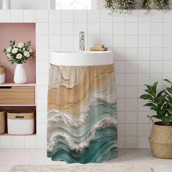 Blue Coastal Small Sink Skirt, Bathroom Vanity Cabinet Adhesive Curtain, Summer Beach Ocean Waves Nautical Oil Painting Utility Under Sink Cover Decorative Kitchen Cabinet Curtains 10"x11"