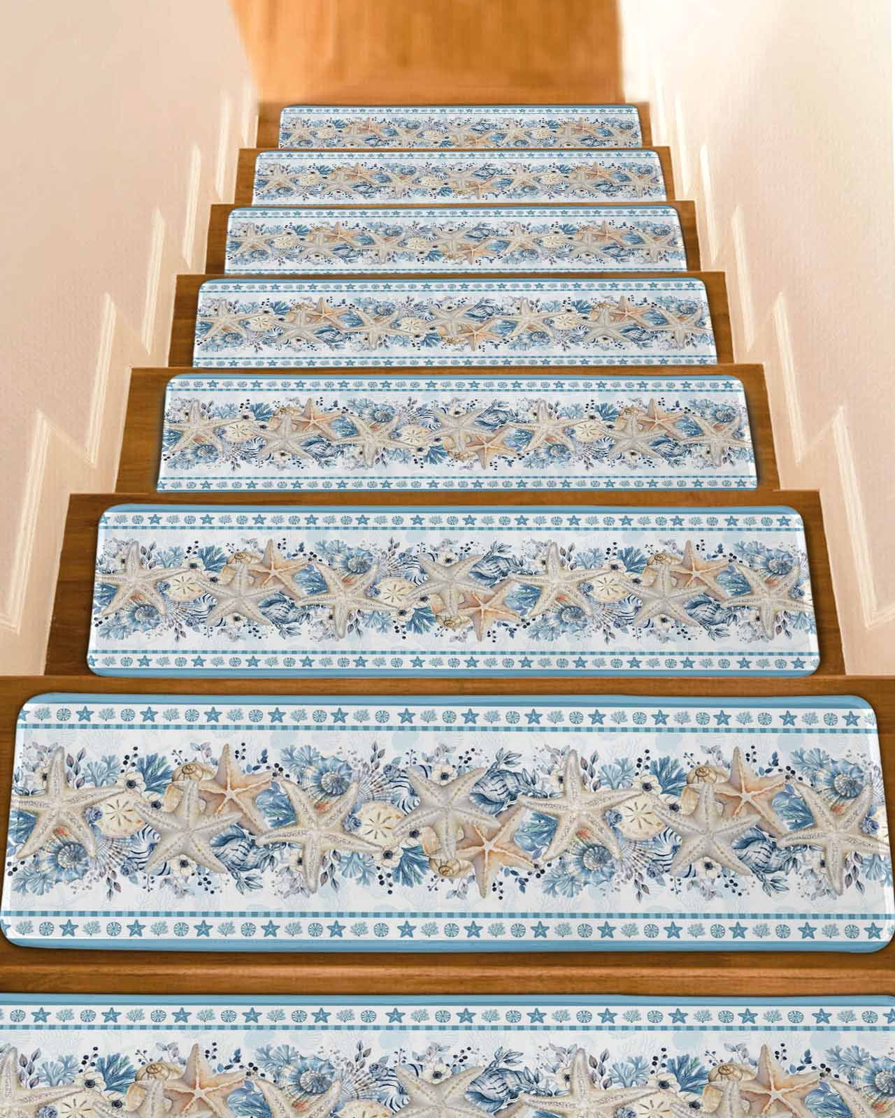 Blue Coastal Stair Treads Eucalyptus Leaves Starfish Shells Summer ...