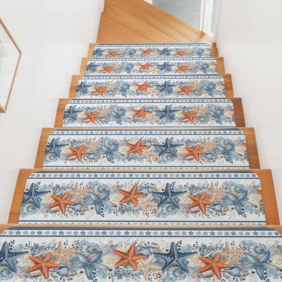 Blue Coastal Stair Treads Non Slip for Steps Orange Starfish Coral Summer Beach Nautical 15 Pcs Reusable Adhesive Stair Runner Mats for Dogs Elders Carpet Treads Rugs for Staircase 8x30 In