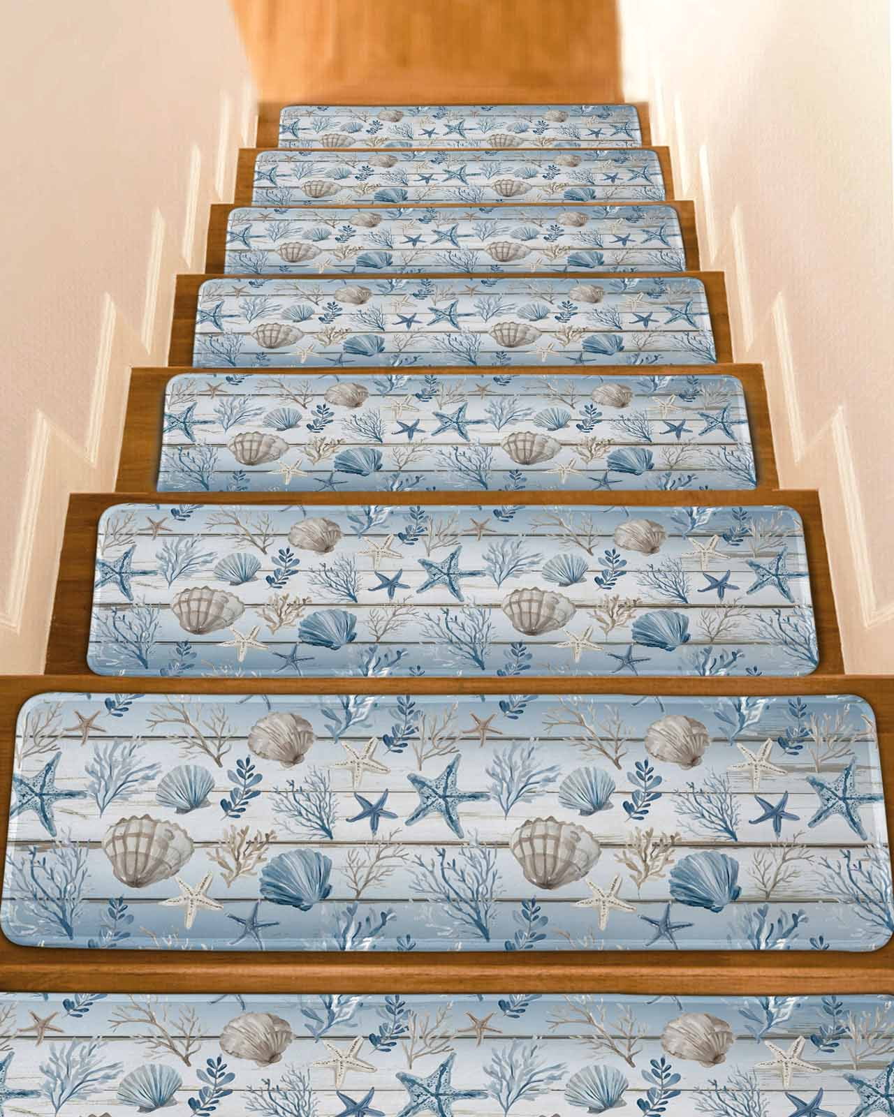 Blue Coastal Stair Treads Summer Starfish Shell Coral Nautical Wood ...