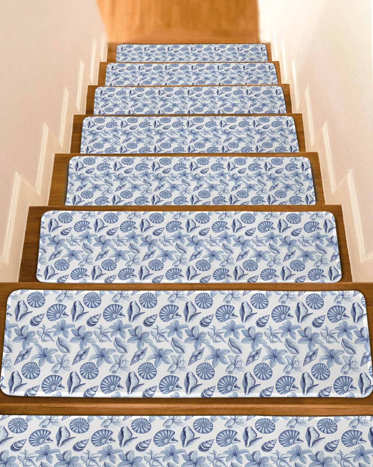 Blue Coastal Stair Treads for Wooden Steps Indoor Runner Rug Carpet ...