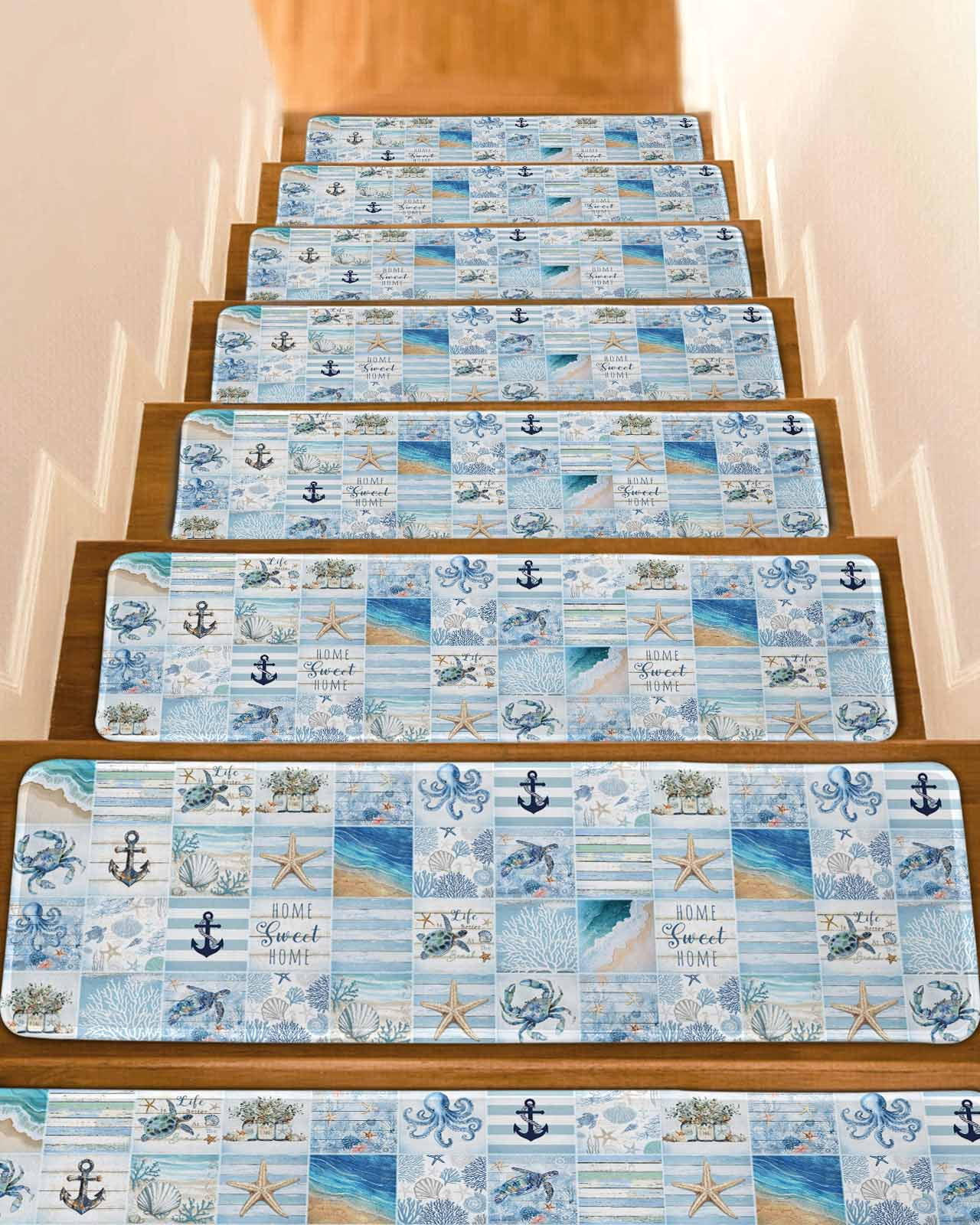 Blue Coastal Stair Treads for Wooden Steps Indoor Runner Rug Carpet ...