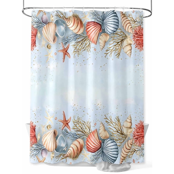 Blue Coastal Standard Shower Curtain Set, Waterproof Shower Curtains for Bathroom, Summer Beach Starfish Shell Coral Washable Fabric Cloth Bath Curtain for Bathtub Decoration with Hooks 72x72 Inches