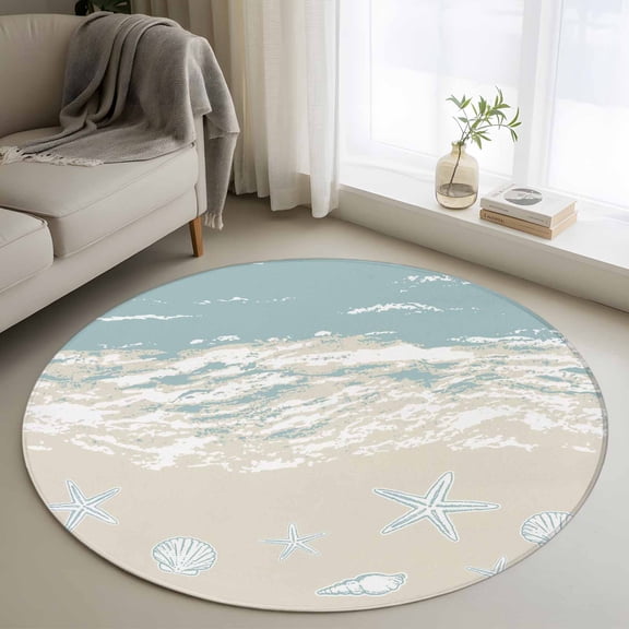 Blue Coastal Starfish 3ft Area Rug, Summer Beach Ocean Abstract Art Washable Non-Slip Small Round Rugs for Entryway Bedroom Kitchen, Soft Circle Carpet for Dining Room, Playroom Nursery Rug