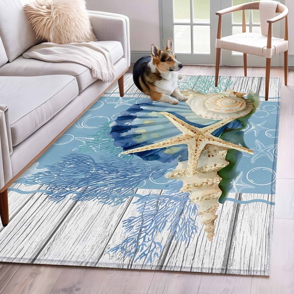 Blue Coastal Starfish Area Rug 4'x6', Vintage Wooden Nautical Coral Summer Washable Non-Slip Rugs, Low Pile Large Carpet for Living Room Bedroom Dining Room Kitchen Office Indoor Mat