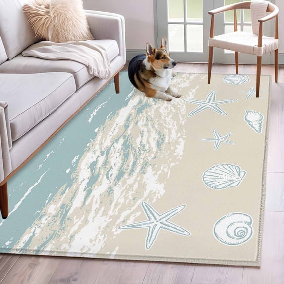Blue Coastal Starfish Area Rugs 2.7'x5', Washable Small Throw Rugs for Kitchen Bedroom, Summer Beach Ocean Abstract Art Indoor Outdoor Rug Non-Slip Low Pile Carpet Runner Reversible Floor Mats