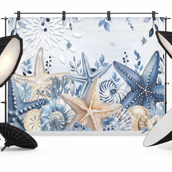 Blue Coastal Starfish Backdrop for Photography,Fabric Photo Background Backdrop,Beach Nautical Shell Eucalyptus Ocean Photo Booth Background for Portrait Photoshoot Video Wedding Studio Banner 7x5ft
