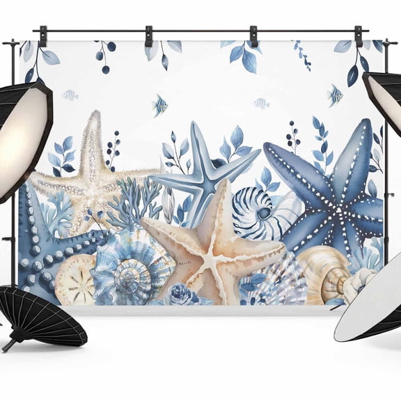 Blue Coastal Starfish Backdrop for Photography,Fabric Photo Background Backdrop,Beach Nautical Shell Eucalyptus Summer Photo Booth Background for Portrait Photoshoot Wedding Studio Banner 10x8ft