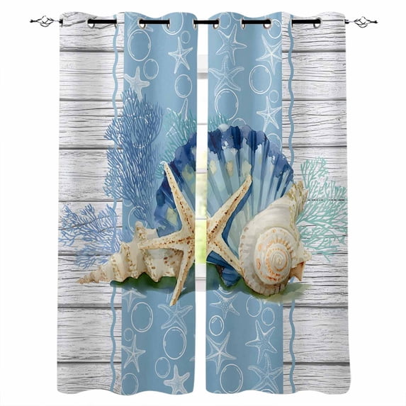 Blue Coastal Starfish Blackout Curtains for Bedroom Living Room Darkening Curtains 84 Inch Length 2 Panels Set Vintage Wooden Nautical Coral Summer Window Curtain Window Treatment Drapes 52"x84"
