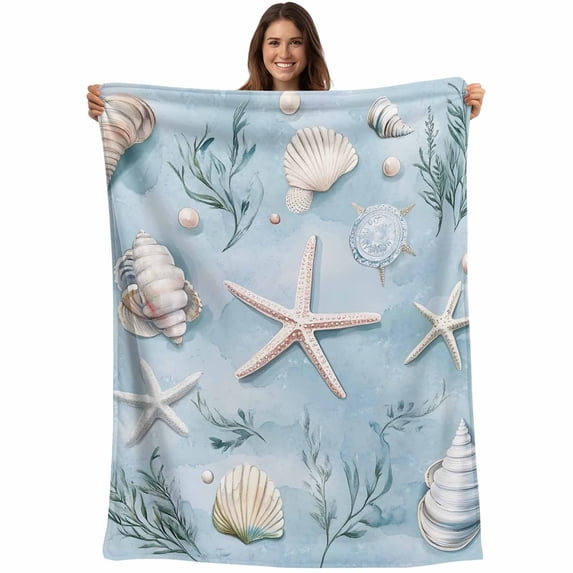 Blue Coastal Starfish Blanket Soft Cozy Warm Throw Blanket for Couch, Plush Fuzzy Flannel Fleece Blankets for Sofa, Summer Beach Nautical Ocean Shell Bed Blankets Lightweight Gifts for Women, 50"x60"