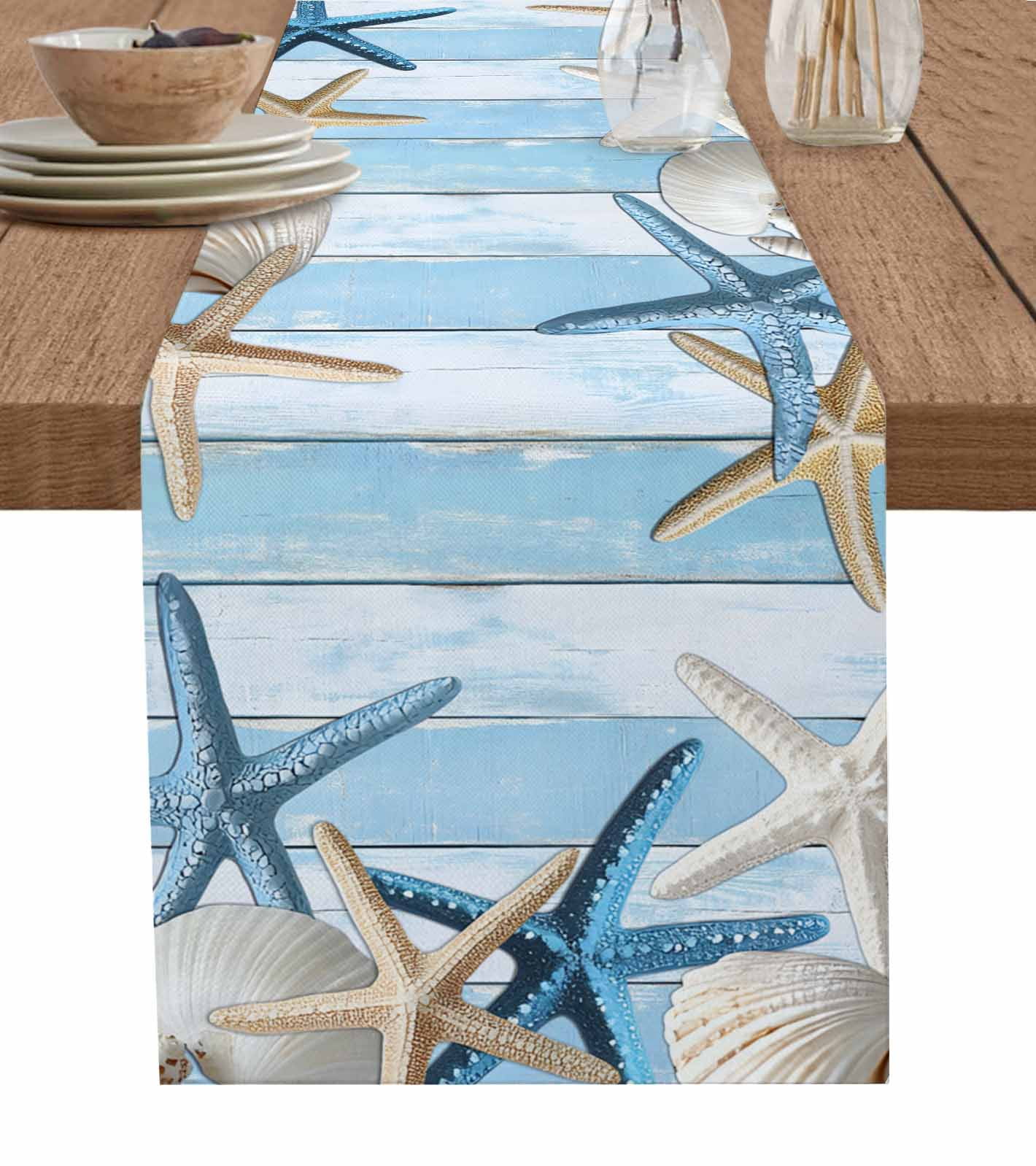 Blue Coastal Starfish Burlap Cotton Table Runner 13x36 Inches Short ...