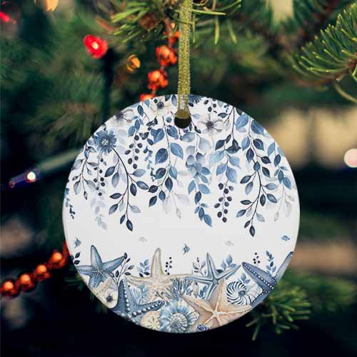 Blue Coastal Starfish Ceramic Ornaments, Beach Nautical Shell Eucalyptus Summer Round Porcelain Hanging Ornaments with Gold String, Xmas Decorations Keepsake Gifts for Holiday Home Party 3''