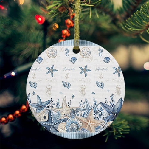 Blue Coastal Starfish Ceramic Ornaments, Summer Beach Coral Shell Nautical Round Porcelain Hanging Ornaments with Gold String, Xmas Decorations Keepsake Gifts for Holiday Home Party 3''