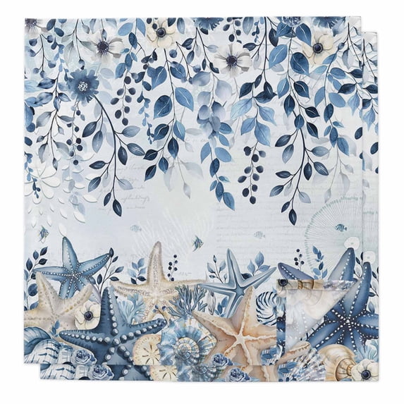 Blue Coastal Starfish Cloth Napkins, Beach Nautical Shell Eucalyptus Ocean Washable and Reusable Dinner Napkins Set of 2, Table Napkin for Kitchen Party Birthday Wedding Hotel Housewarming 20"x20"
