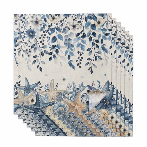 Blue Coastal Starfish Cloth Napkins, Beach Nautical Shell Eucalyptus Rustic Washable and Reusable Dinner Napkins Set of 6, Table Napkin for Kitchen Party Birthday Wedding Hotel Housewarming 20"x20"