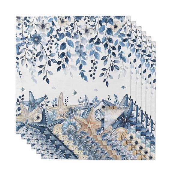 Blue Coastal Starfish Cloth Napkins, Beach Nautical Shell Eucalyptus Summer Washable and Reusable Dinner Napkins Set of 6, Table Napkin for Kitchen Party Birthday Wedding Hotel Housewarming 20"x20"