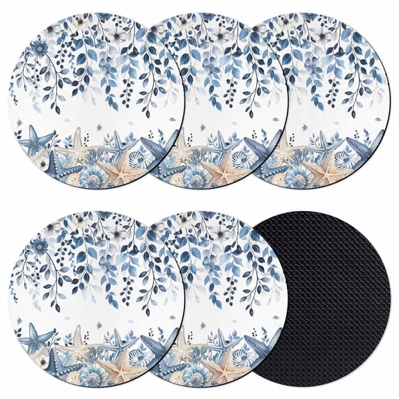 Blue Coastal Starfish Coasters Set of 6, Absorbent Coasters for Drinks, Beach Nautical Shell Eucalyptus Summer Coaster for Desk Coffee Table Protection, Home Decor House Warming Gifts 4"