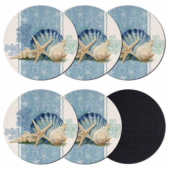 Blue Coastal Starfish Coasters Set of 6, Absorbent Coasters for Drinks, Vintage Beige Nautical Coral Summer Coaster for Desk Coffee Table Protection, Home Decor House Warming Gifts 4"