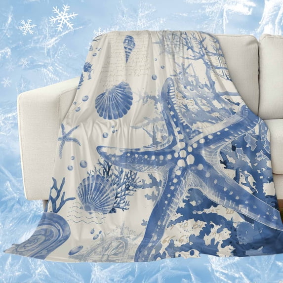 Blue Coastal Starfish Cooling Blanket,Lightweight Breathable Summer Throw Blanket with Double Sided Cold Effect,Beach Ocean Nautical Shells Conch Picnic Blankets Bed Sheet for Hot Sleepers 60"x80"