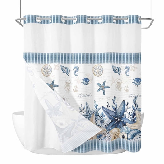 Blue Coastal Starfish No Hook Shower Curtain with Snap in Liner, Waterproof Fabric Shower Curtains, Summer Beach Coral Shell Nautical Shower Curtain Set Top See Through for Bathroom 72"x72"