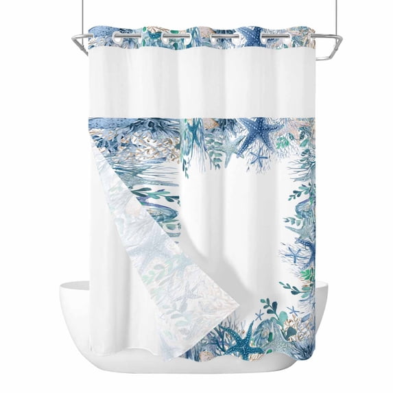 Blue Coastal Starfish No Hook Shower Curtain with Snap in Liner, Waterproof Fabric Shower Curtains, Summer Watercolor Ocean Sea Corals Shower Curtain Set Top See Through for Bathroom 72"x84"