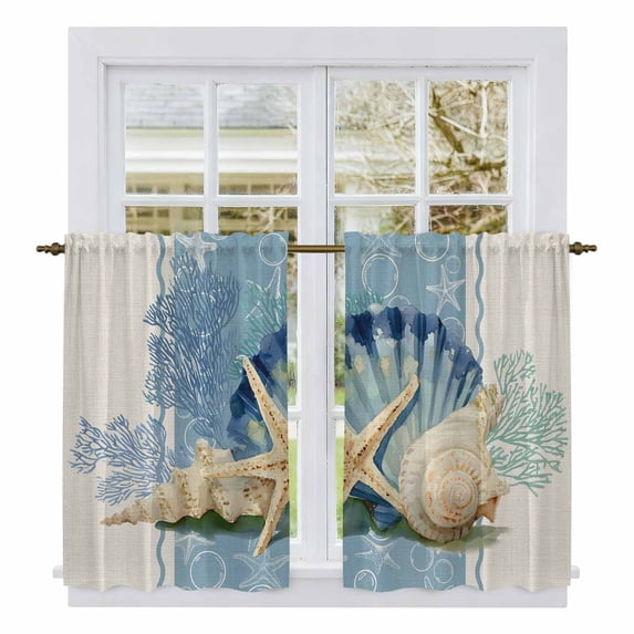 Blue Coastal Starfish Kitchen Curtains 54 Inch Length, Vintage Beige Nautical Coral Summer Tiers Curtains for Bathroom Bedroom Cafe, Light Filtering Small Window Treatment Drapes 2 Panels 42"Wx54"L