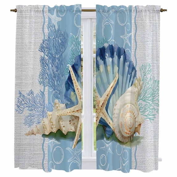 Blue Coastal Starfish Kitchen Curtains 63 Inch Length, Vintage Grey Nautical Coral Summer Tiers Curtains for Living Room Berdoom Bathroom, Light Filtering Drapes Window Treatment 2 Panels 42"Wx63"L