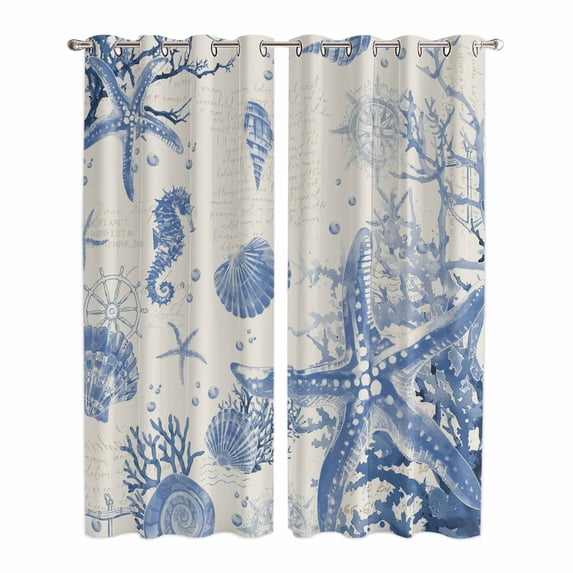 Blue Coastal Starfish Kitchen Curtains 84 Inch Length, Beach Ocean Nautical Shells Conch Grommet Top Bedroom Living Room Curtains, Light Filtering Cafe Curtain Drapes 2 Panels Set 84''x84''