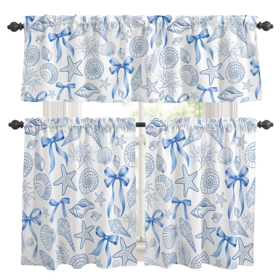 Blue Coastal Starfish Kitchen Curtains and Valances Set, Seashells ...