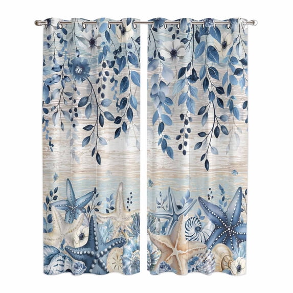 Blue Coastal Starfish Kitchen Curtains Window Panels, Beach Nautical Shell Eucalyptus Vintage Insulated Window Treatment Curtain, Grommet Curtains for Bedroom/Living Room/Bathroom, 2 Piece 42"Wx84"L