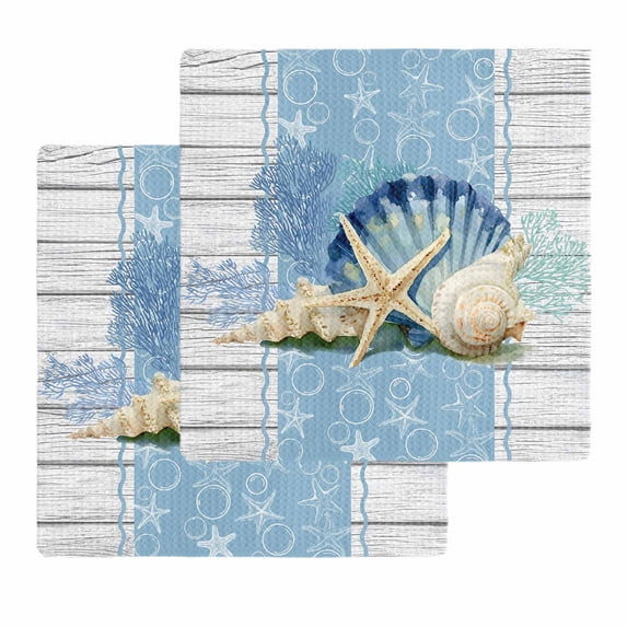 Blue Coastal Starfish Kitchen Dish Towels for Drying Dishes Set of 2, Vintage Wooden Nautical Coral Summer Waffle Weave Microfiber Hand Tea Bathroom Towels Quick Dry & Absorbent Towel 12x12