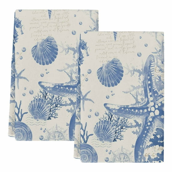 Blue Coastal Starfish Kitchen Towels Set of 2, Beach Ocean Nautical Shells Conch Soft Microfiber Dish Towels, Absorbent Quick-Dry Washable Dishcloths for Kitchen Cleaning, Drying Dishes, 18x28 Inches