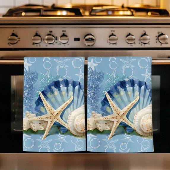 Blue Coastal Starfish Kitchen Towels Set of 2, Vintage Grey Nautical Coral Summer Absorbent Dish Towels for Kitchen, Microfiber Hand Towel, Quick Drying Tea Towel for Cleaning Decorative Dishcloths