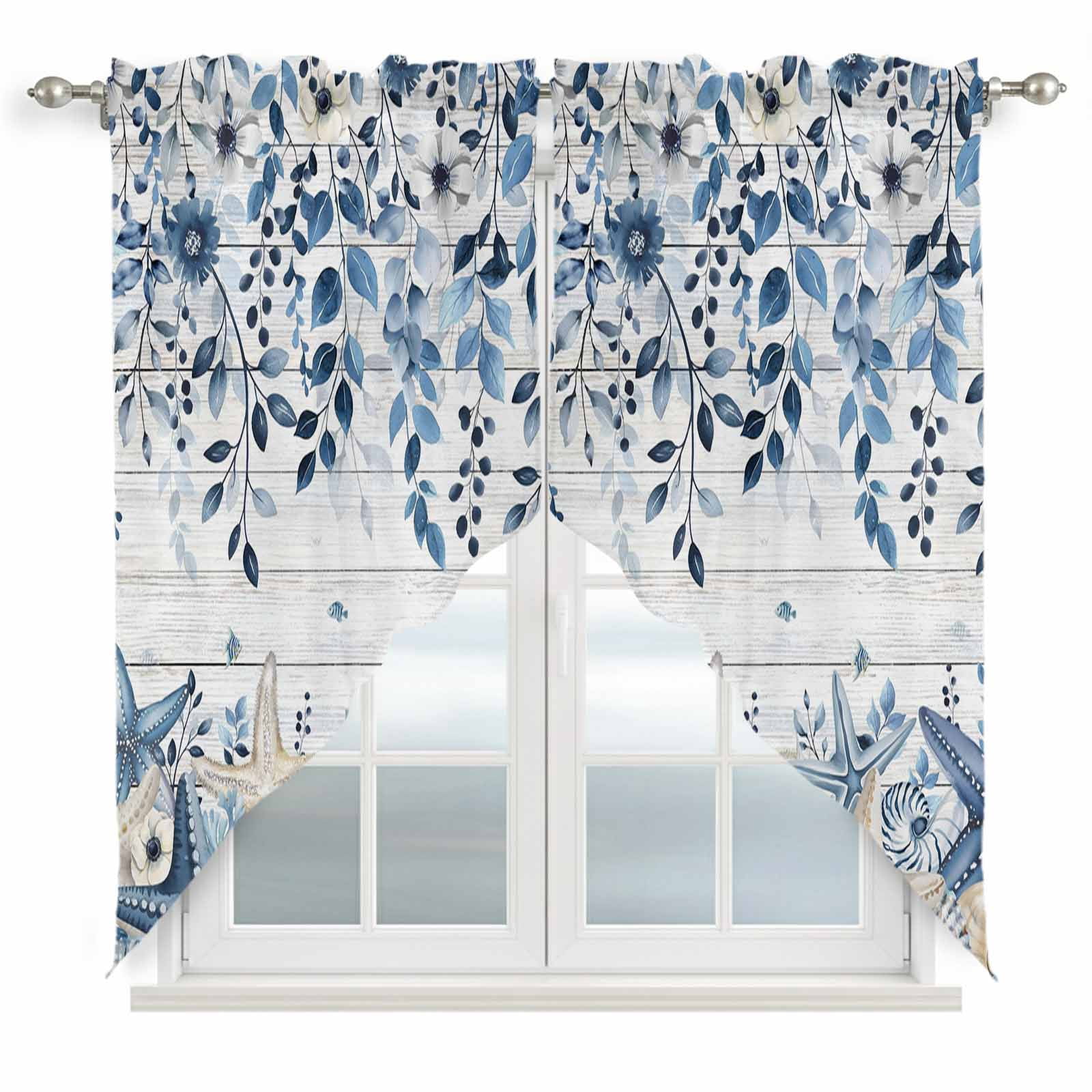 Blue Coastal Starfish Kitchen Window Curtains, Swag Curtains Valance ...