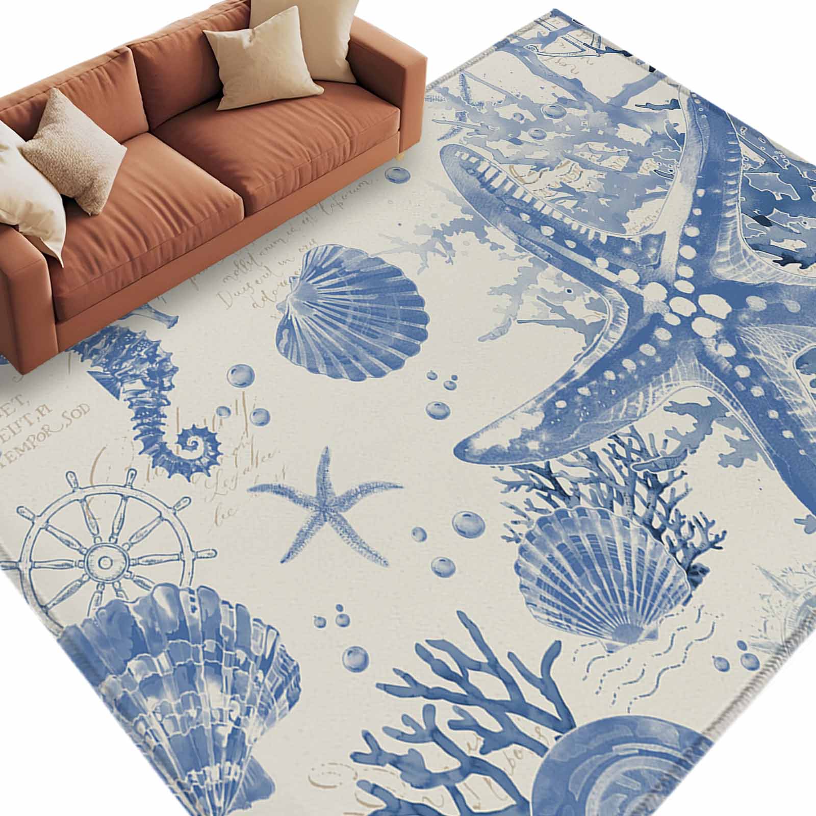 Shell Shaped Rug Extra Large Blue Coastal Starfish Large Area Rugs for Bedroom Living Room, Soft Non ...