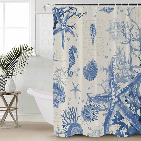 Blue Coastal Starfish Long Shower Curtain Set, Waterproof Shower Curtains for Bathroom, Beach Ocean Nautical Shells Conch Washable Fabric Cloth Bath Curtain for Bathtub with Hooks 72x84 Inches