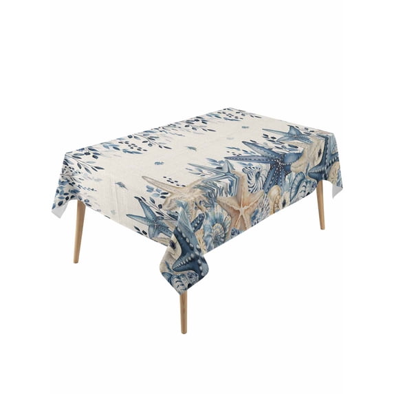 Blue Coastal Starfish Rectangle Tablecloth, Beach Nautical Shell Eucalyptus Rustic Waterproof & StainResistant Tablecloth, Washable Oil-proof Table Cover for Dining/Party/Wedding/Buffet 54x108 In