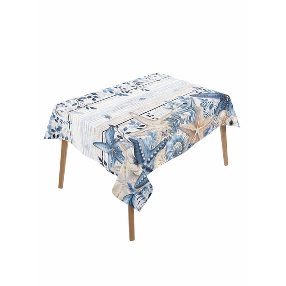 Blue Coastal Starfish Rectangle Tablecloth, Beach Nautical Shell Eucalyptus Wooden Waterproof & StainResistant Tablecloth, Washable Oil-proof Table Cover for Dining/Party/Wedding/Buffet 60x84 In