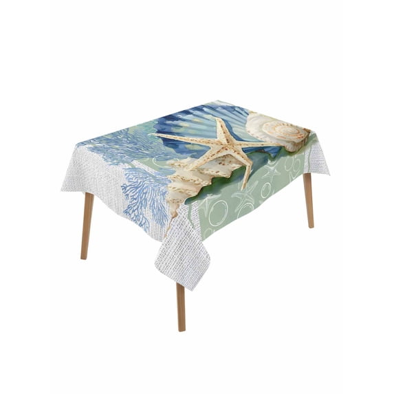 Blue Coastal Starfish Rectangle Tablecloth, Grey Sage Green Nautical Coral Summer Waterproof & StainResistant Tablecloth, Washable Oil-proof Table Cover for Dining/Party/Wedding/Buffet 60x84 In