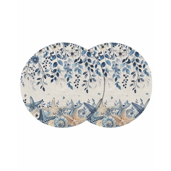 Blue Coastal Starfish Round 13 Inch Placemats Set of 2, Beach Nautical Shell Eucalyptus Rustic HeatResistant Non Slip Place Mats for Dining Table, Wipeable Braided Kitchen Table Mats for Housewarming